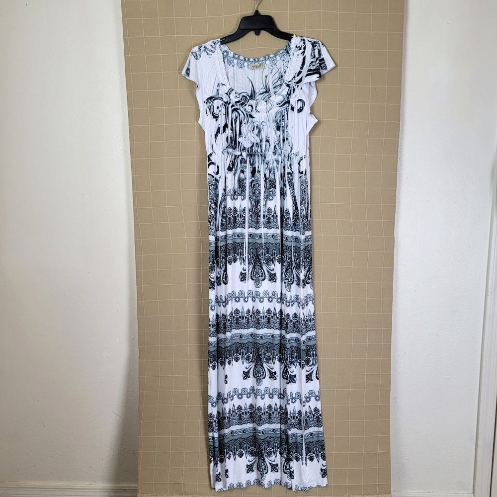 One World Womens Dress Size XL White Black Empire Waist Short Sleeve Maxi